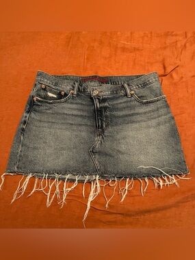 Lucky Brand Faded Indigo Denim Mini Skirt with Frayed Hem